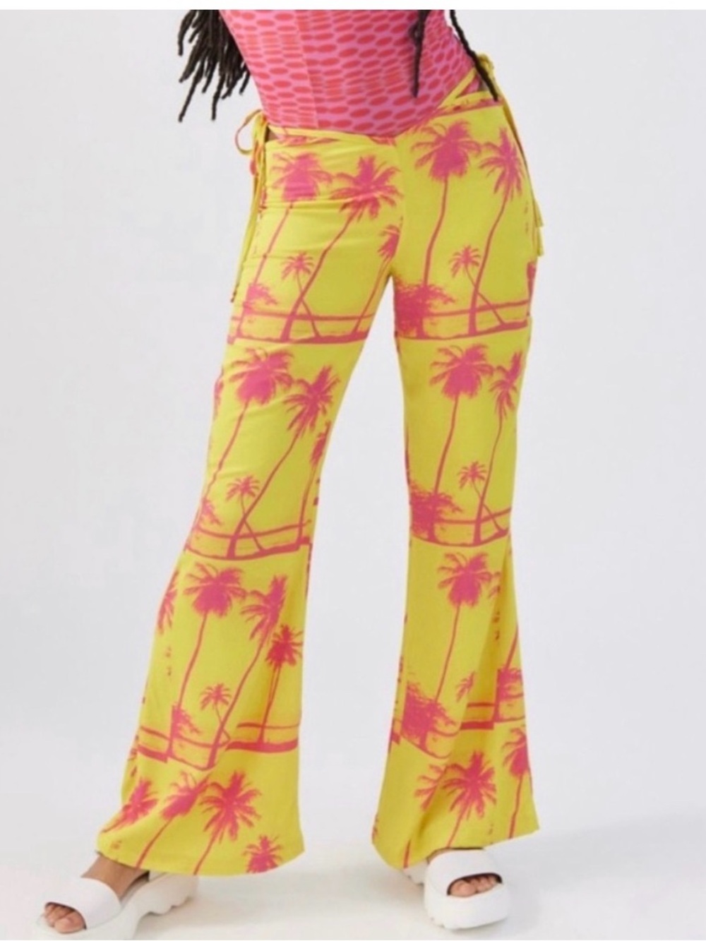 Urban Outfitters Yellow Flared Pants with Pink Palm Print